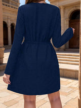 Drawstring Waist Notched Long Sleeve Dress - Trendsi - Flyclothing LLC