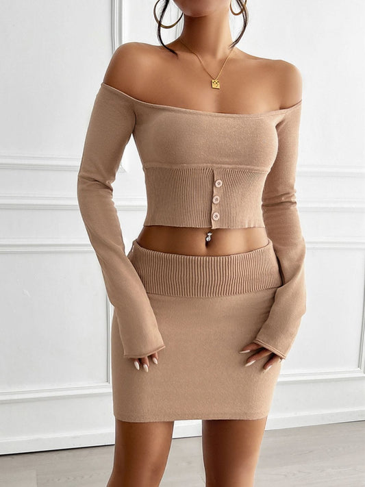 Devine Decorative Button Off-Shoulder Top and Skirt Set - Trendsi