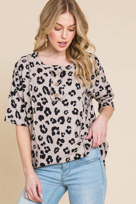 BOMBOM Button Detail Exposed Seam Leopard Half Sleeve Top - Trendsi - Flyclothing LLC