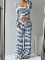 Striped Long Sleeve Crop Top and Wide Leg Pants Set - Trendsi - Flyclothing LLC