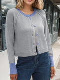 Contrast Button Up Long Sleeve Cardigan - Trendsi