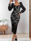 Perfee Lace Sweetheart Neck Long Sleeve Midi Dress - Trendsi