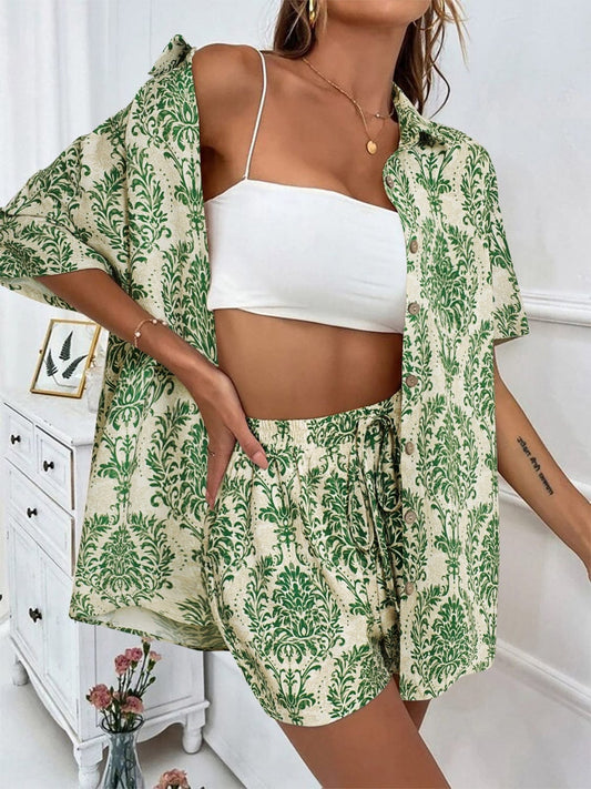 Printed Button Up Top and Shorts Set - Trendsi