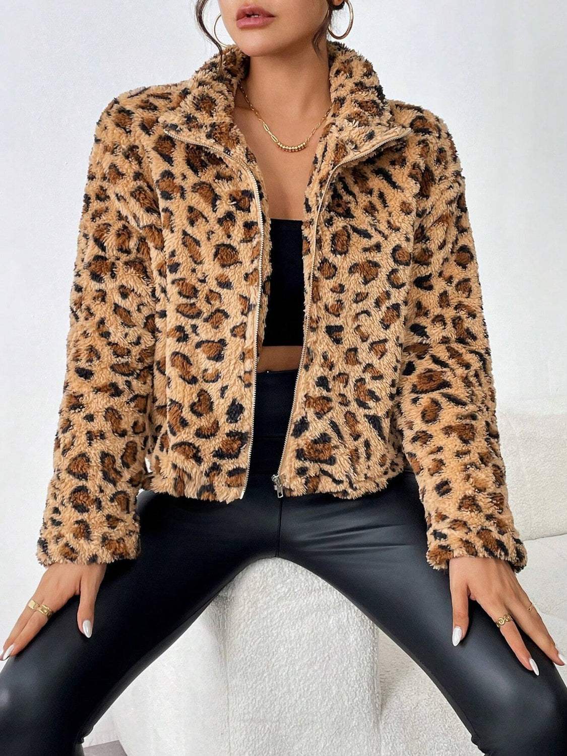 Fuzzy Turtleneck Leopard Zip Up Jacket - Trendsi - Flyclothing LLC