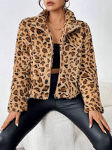 Fuzzy Turtleneck Leopard Zip Up Jacket - Trendsi - Flyclothing LLC
