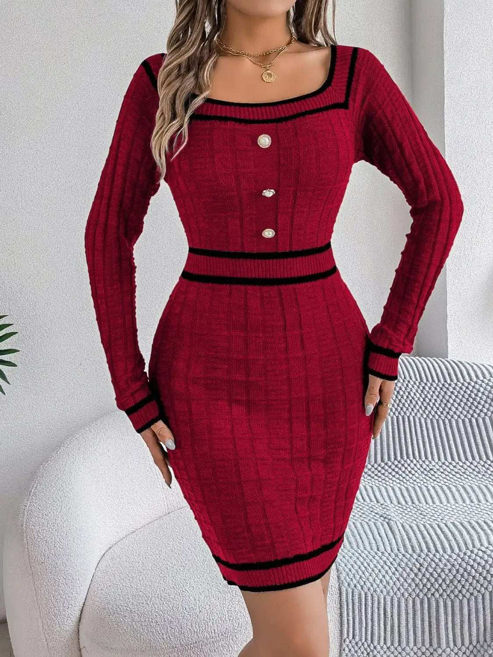 Contrast Trim Long Sleeve Sweater Dress - Trendsi - Flyclothing LLC