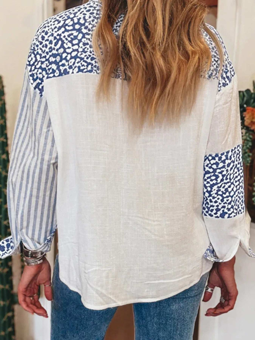 Striped Patchwork Button Down Shirt with Leopard Print Details - Trendsi - Flyclothing LLC