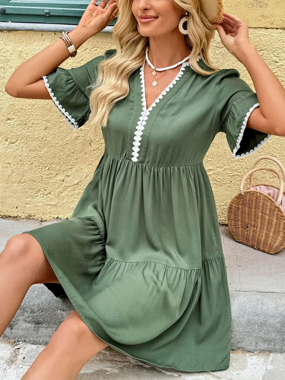 Lace Detail Notched Flounce Sleeve Mini Dress - Trendsi - Flyclothing LLC