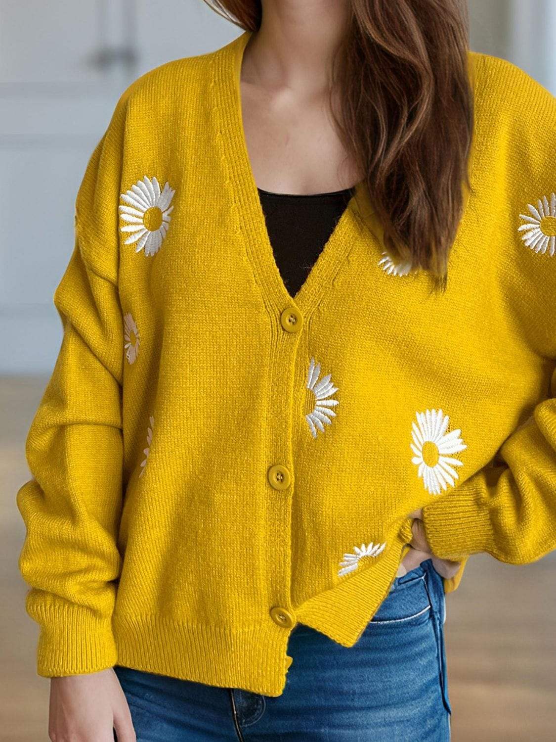 Daisy Button Up V-Neck Cardigan - Trendsi - Flyclothing LLC