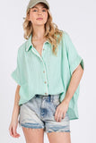 SAGE+FIG Boho Contrast Zigzag Trim Gauze Button-Up Shirt - Trendsi