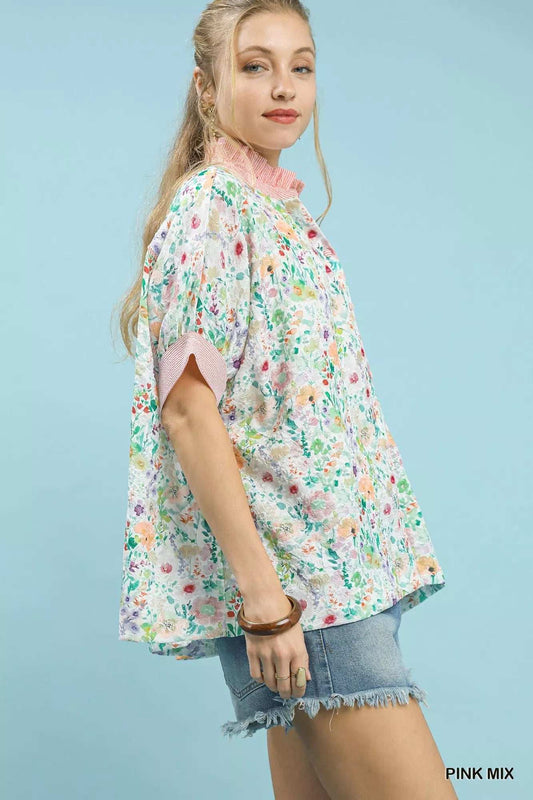 Umgee Jacquard Floral Print Button-Down Shirt - Trendsi - Flyclothing LLC