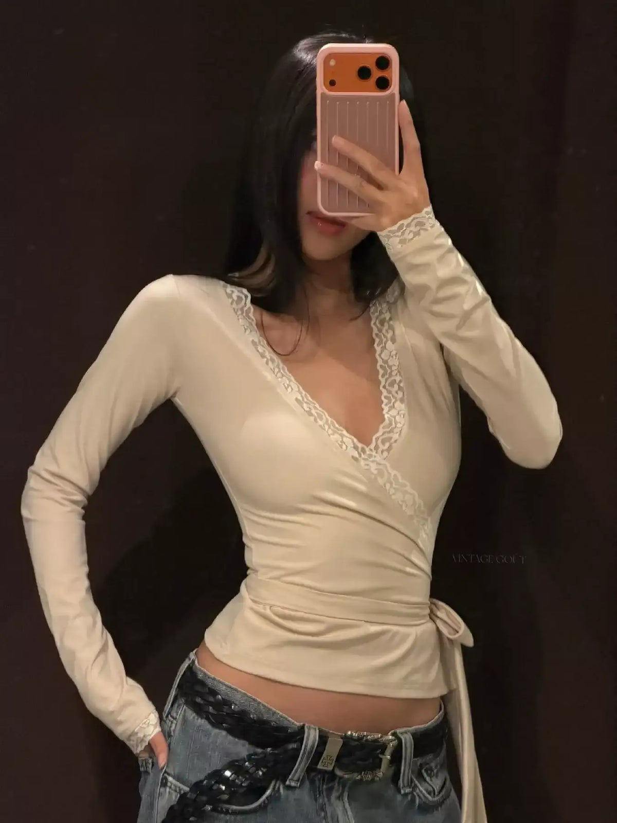 Lace-Trimmed Long Sleeves Wrap Blouse - Trendsi - Flyclothing LLC