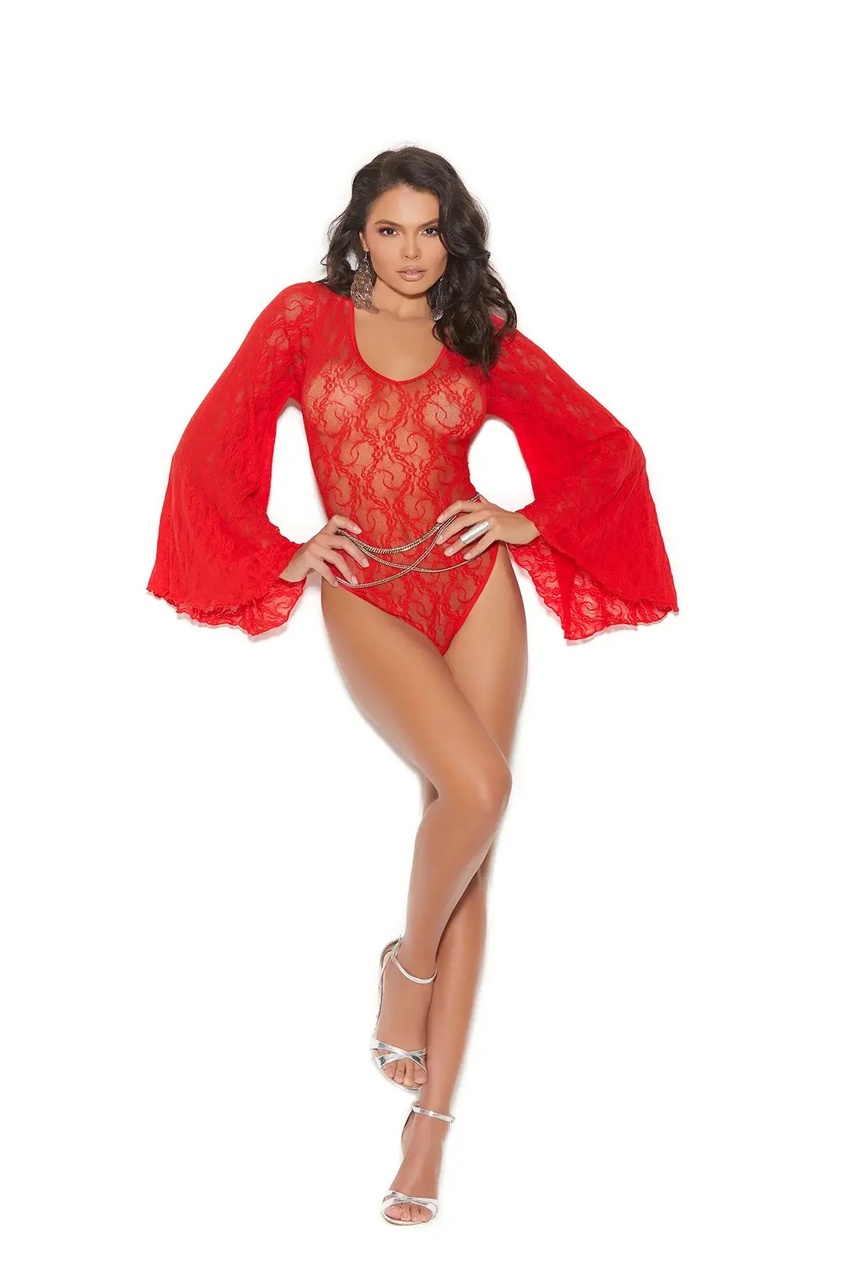 Elegant Moments Deep V lace teddy with bell sleeves and keyhole back - Elegant Moments - Flyclothing LLC