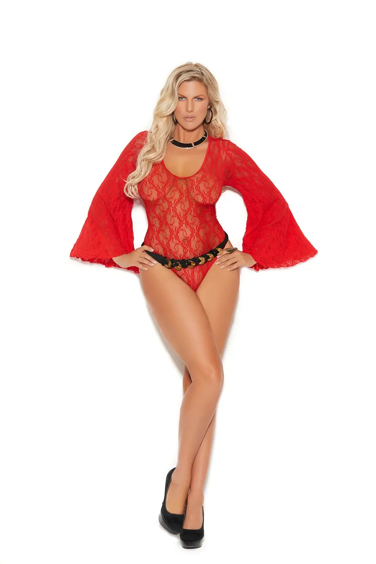 Elegant Moments Deep V lace teddy with bell sleeves and keyhole back - Elegant Moments - Flyclothing LLC