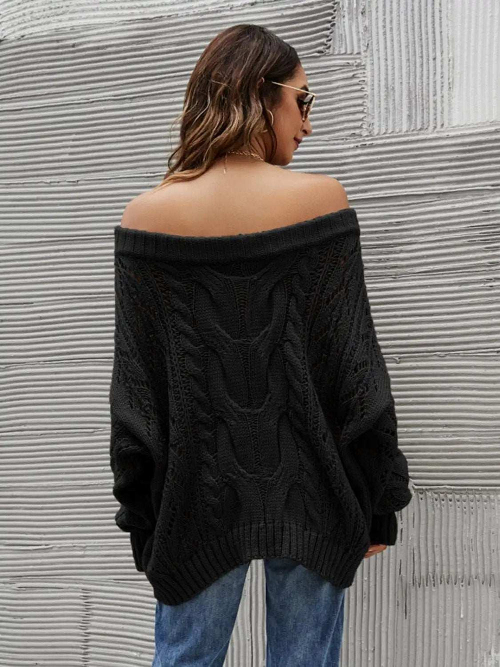Cable Knit Openwork Off-Shoulder Sweater - Trendsi - Flyclothing LLC