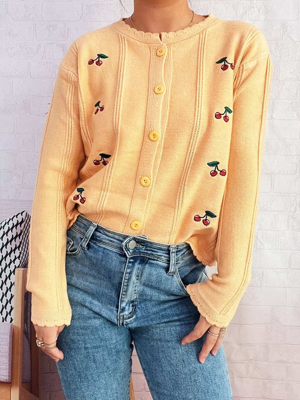 Cherry Embroidered Button Up Cardigan - Trendsi - Flyclothing LLC