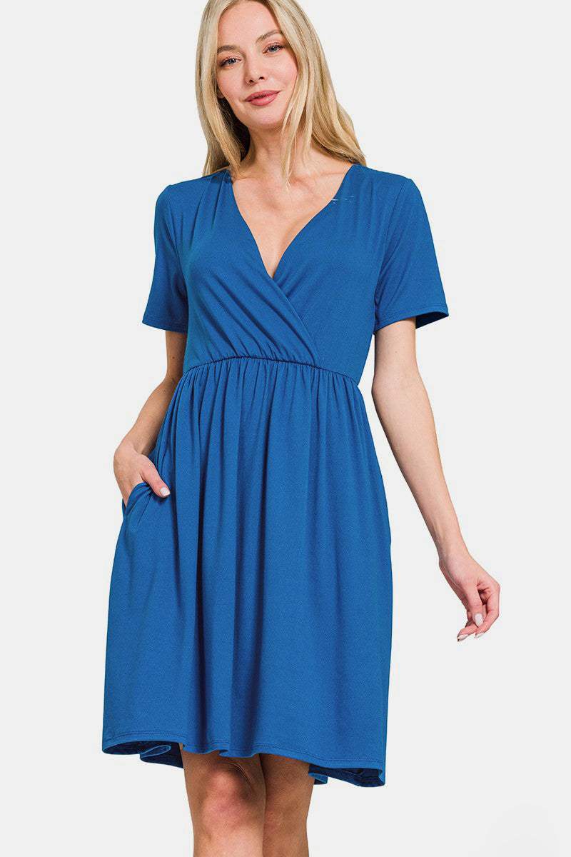 Zenana Surplice Short Sleeve Brushed DTY Dress - Trendsi - Flyclothing LLC
