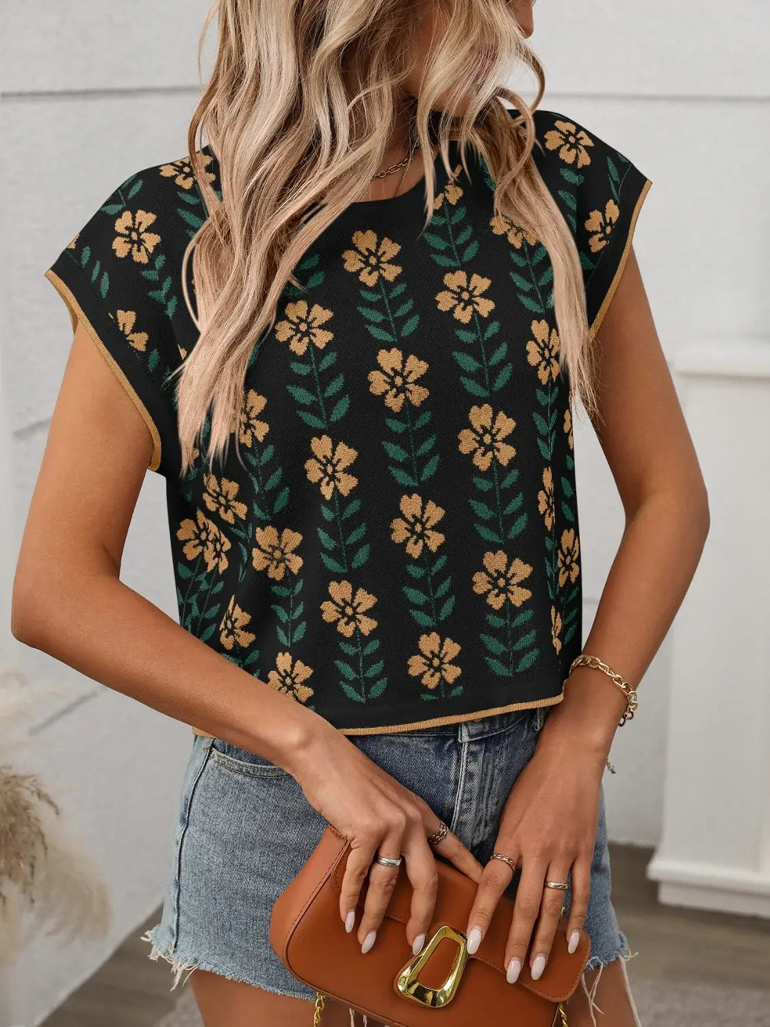 Flower Round Neck Short Sleeve Knit Top - Trendsi - Flyclothing LLC