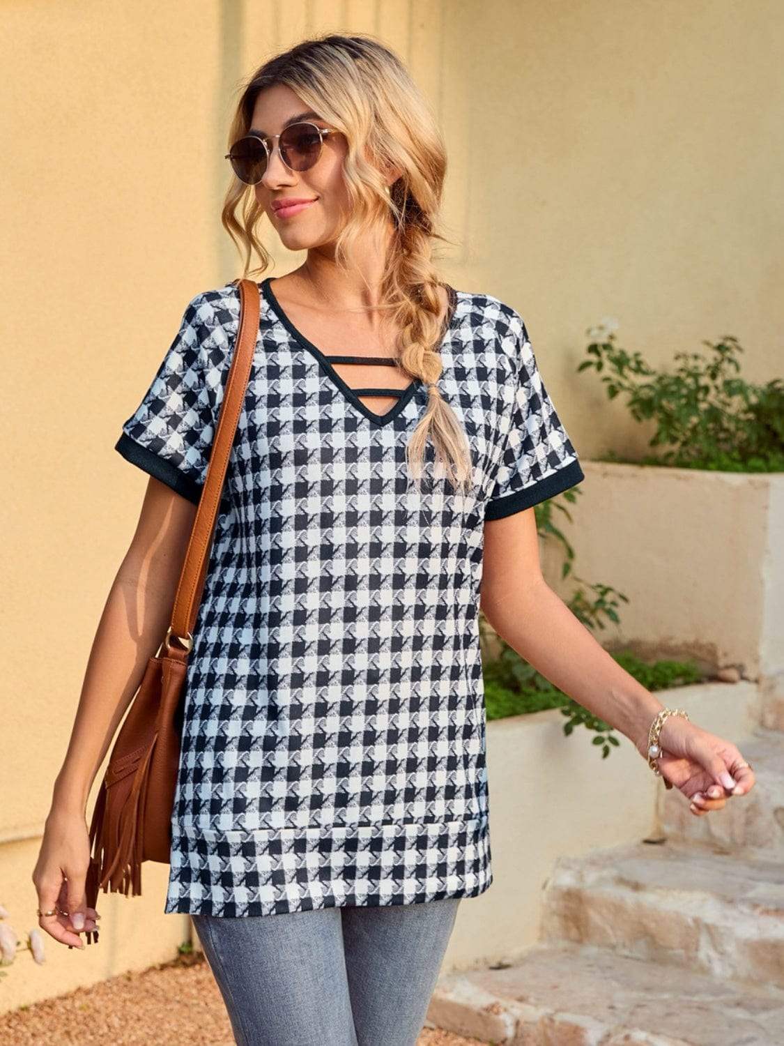Houndstooth V-Neck Short Sleeve T-Shirt - Trendsi - Flyclothing LLC