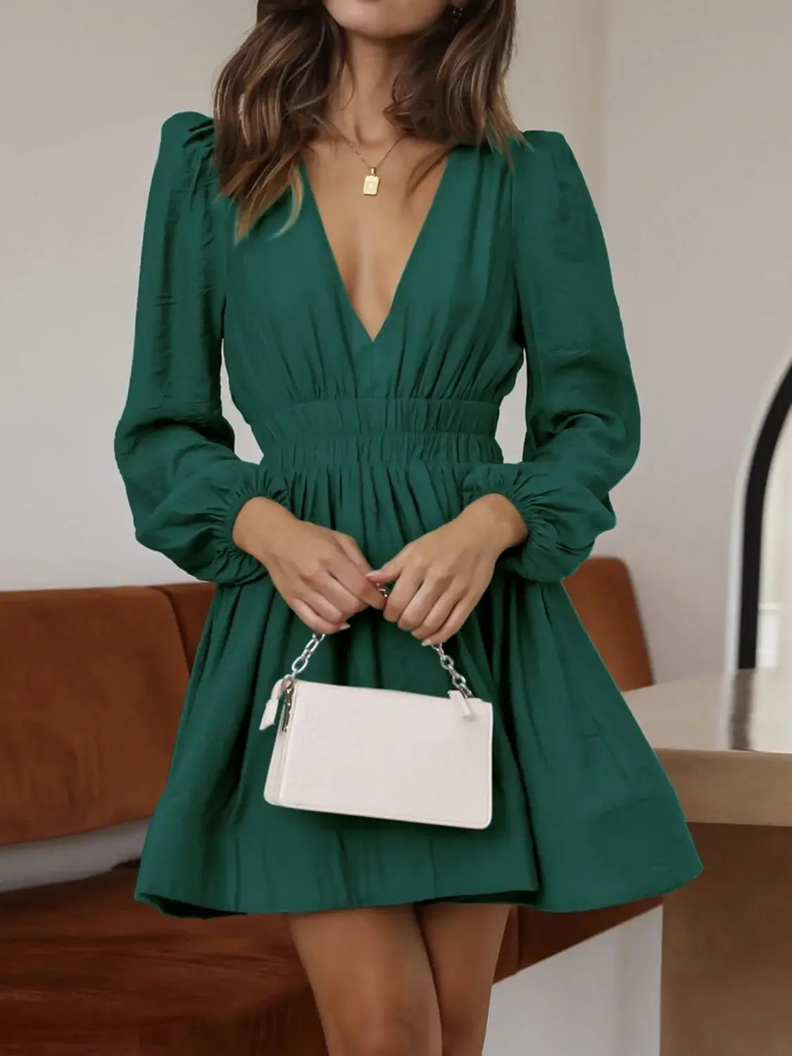Ruched V-Neck Balloon Sleeve Mini Dress - Trendsi - Flyclothing LLC