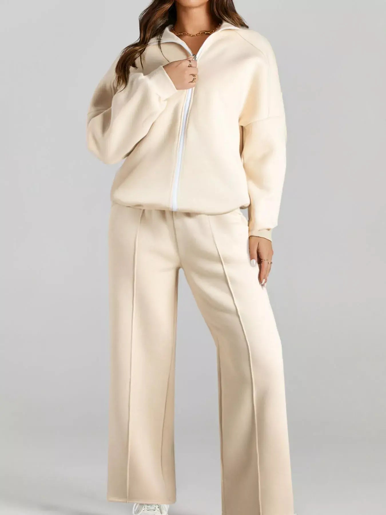 Drop Shoulder Zip Up Jacket and Drawstring Pants Active 2pcs Set - Trendsi - Flyclothing LLC