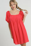 Umgee Full Size Squared Neck Puff Sleeve Mini Dress Plus Size - Trendsi