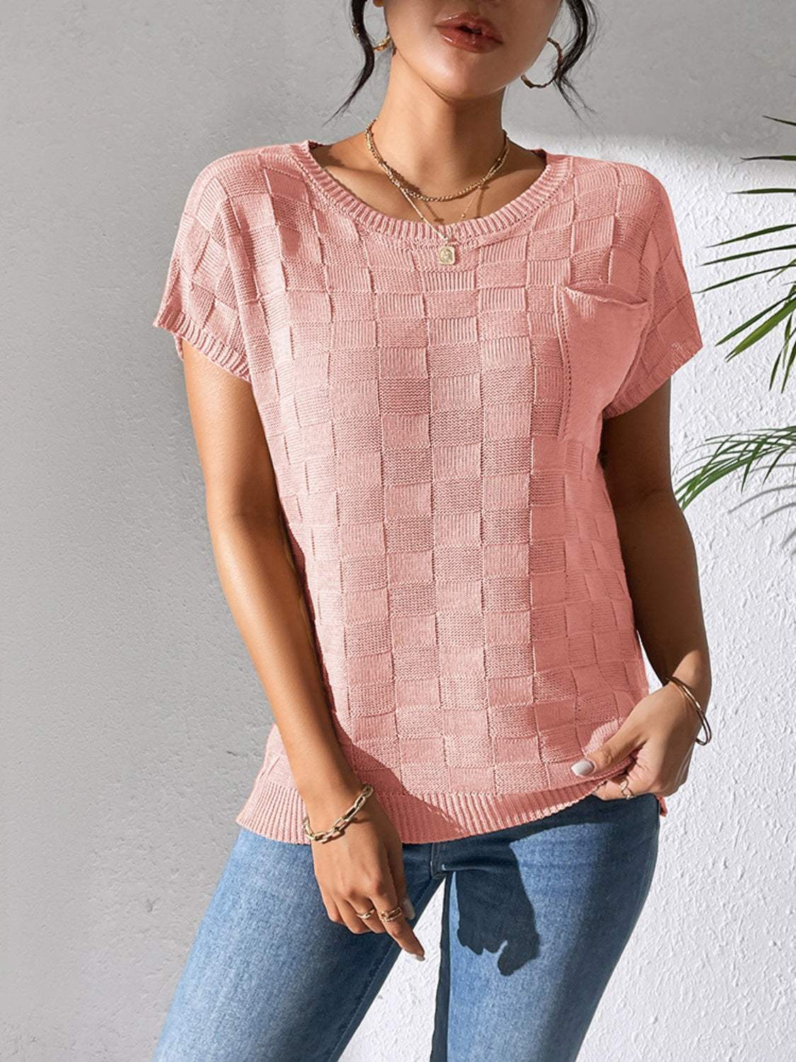 Round Neck Short Sleeve Knit Top - Trendsi - Flyclothing LLC