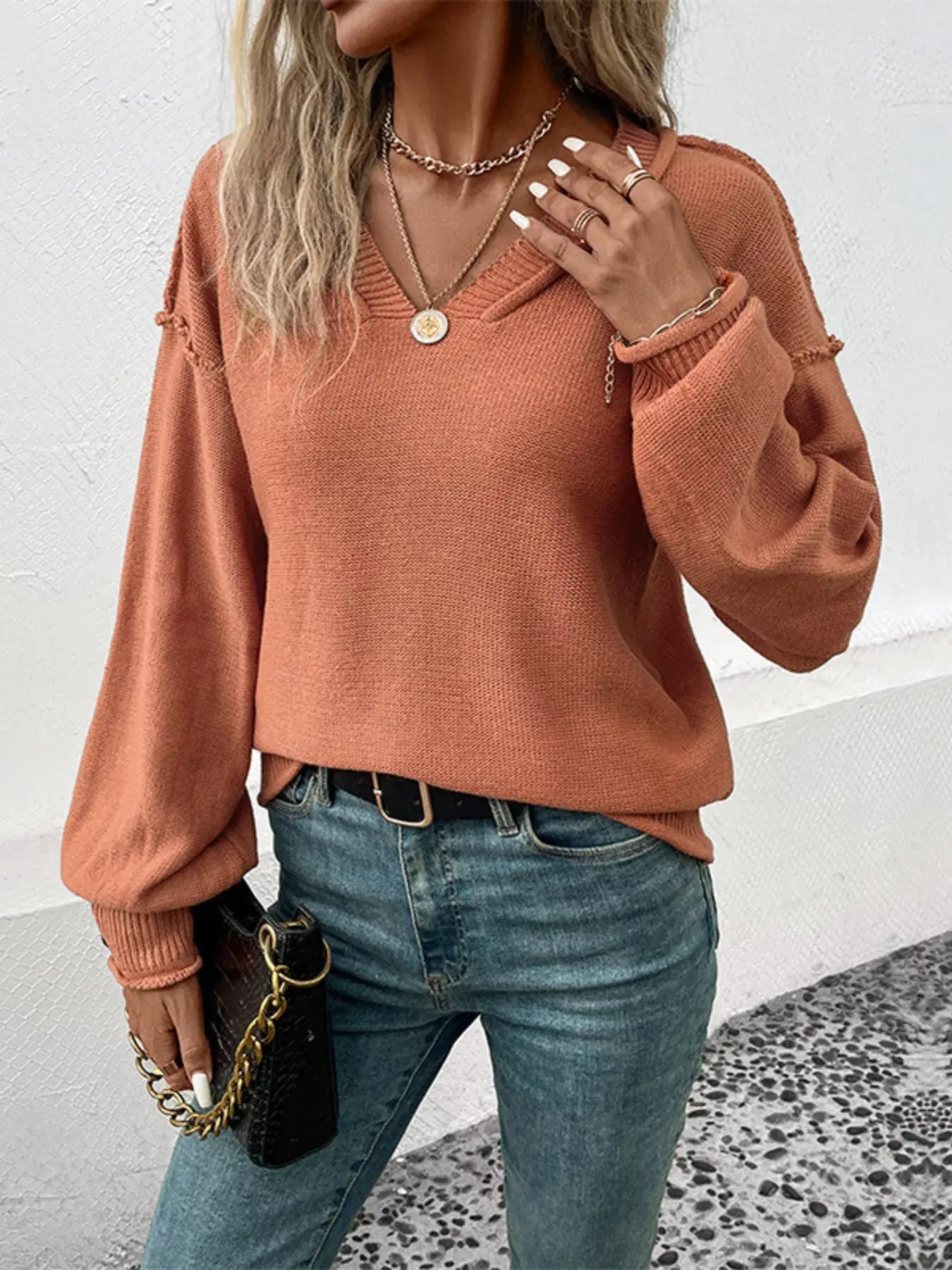 V-Neck Dropped Shoulder Sweater - Trendsi - Flyclothing LLC
