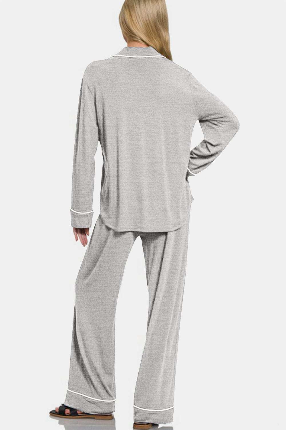 Zenana Button Down Long Sleeve Top and Pants Lounge Set - Trendsi - Flyclothing LLC