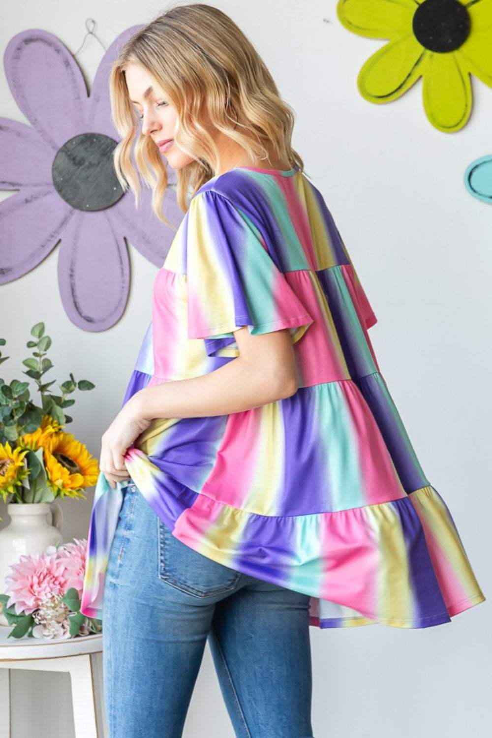 Heimish Full Size Short Sleeve Striped Tiered Top - Trendsi - Flyclothing LLC