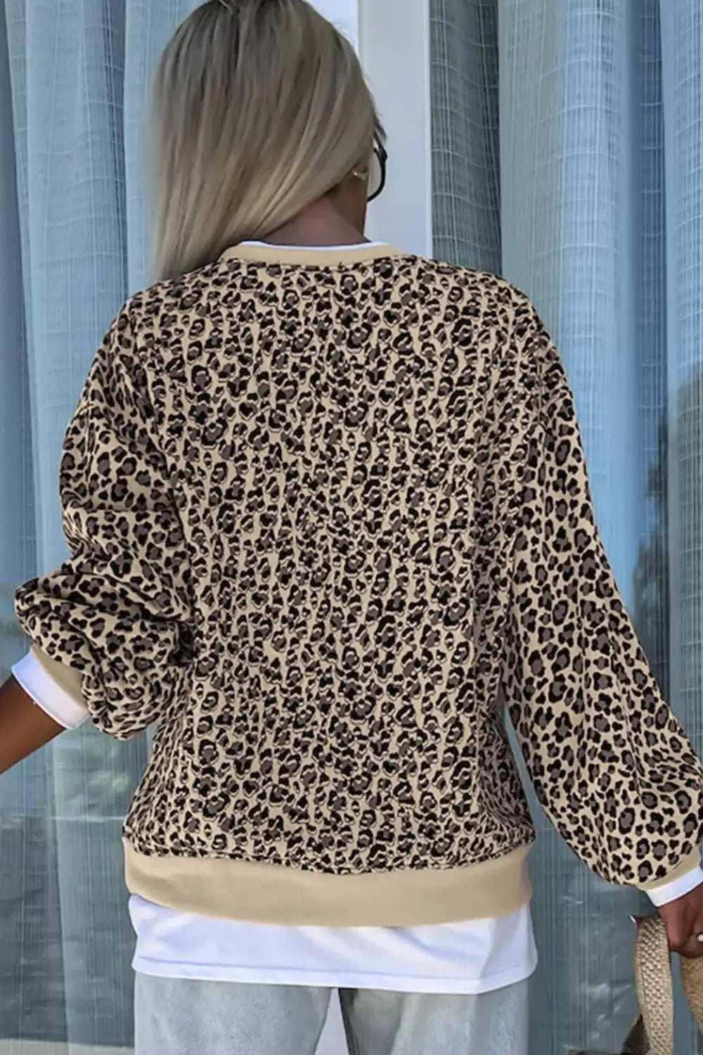 Slit Leopard Round Neck Long Sleeve Sweatshirt - Trendsi - Flyclothing LLC