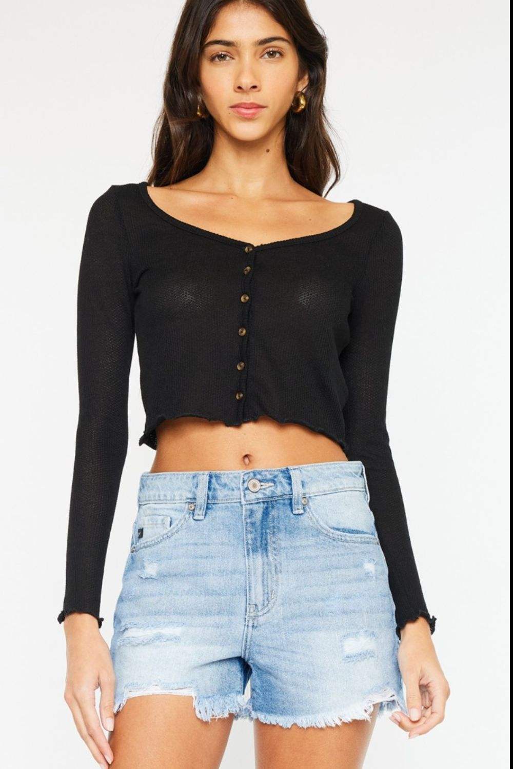 Kancan High Waist Frayed Denim Shorts - Trendsi - Flyclothing LLC