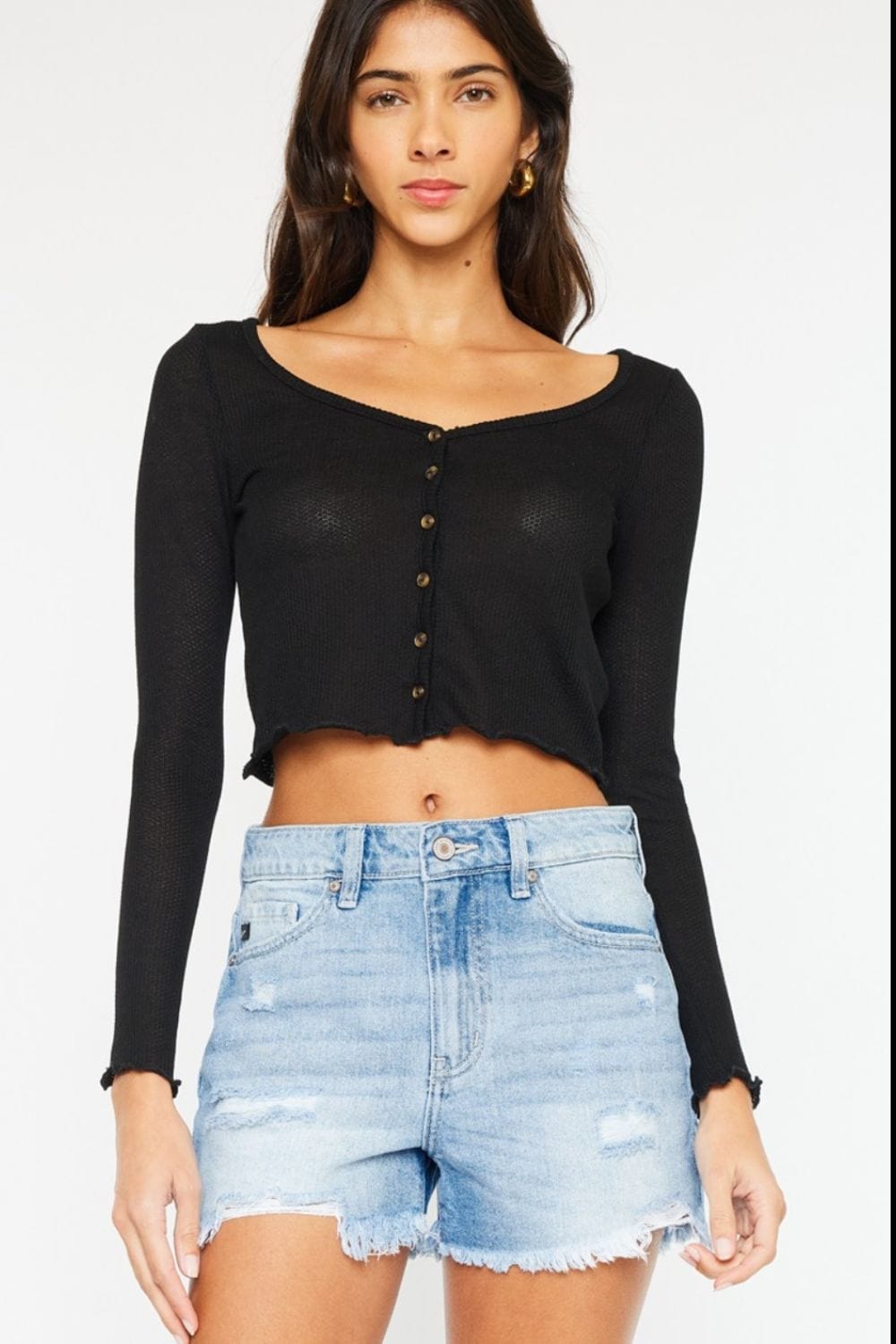 Kancan High Waist Frayed Denim Shorts - Trendsi