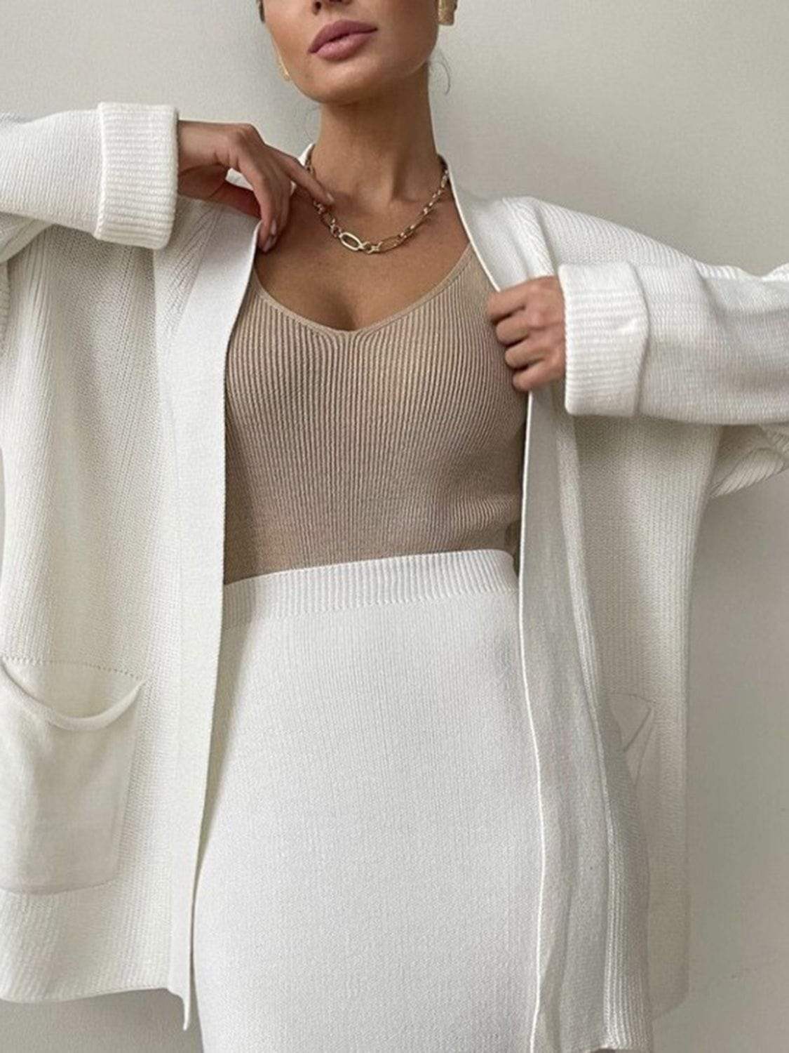Pocketed Long Sleeve Cardigan and Skirt Sweater Set - Trendsi - Flyclothing LLC