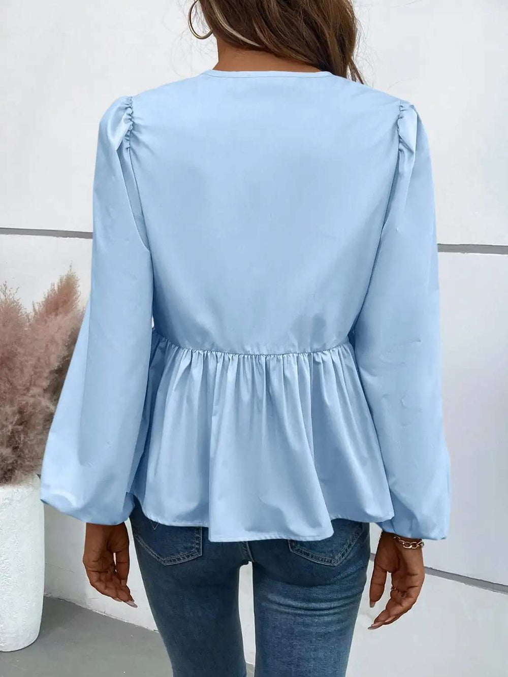 Ivy Lane Peplum Tied Long Sleeve Blouse - Trendsi - Flyclothing LLC