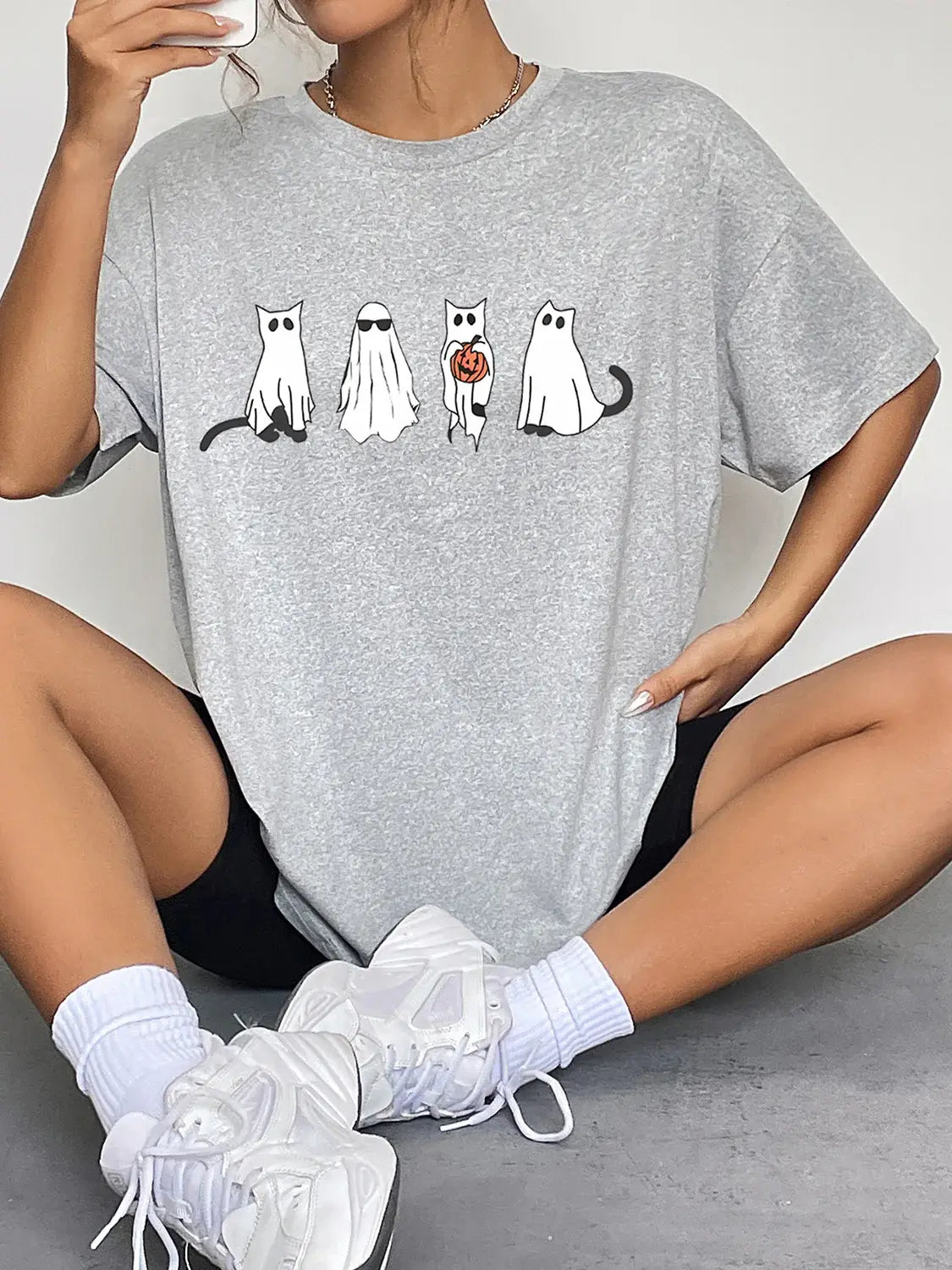 Round Neck Short Sleeve Ghost Graphic T-Shirt - Trendsi - Flyclothing LLC