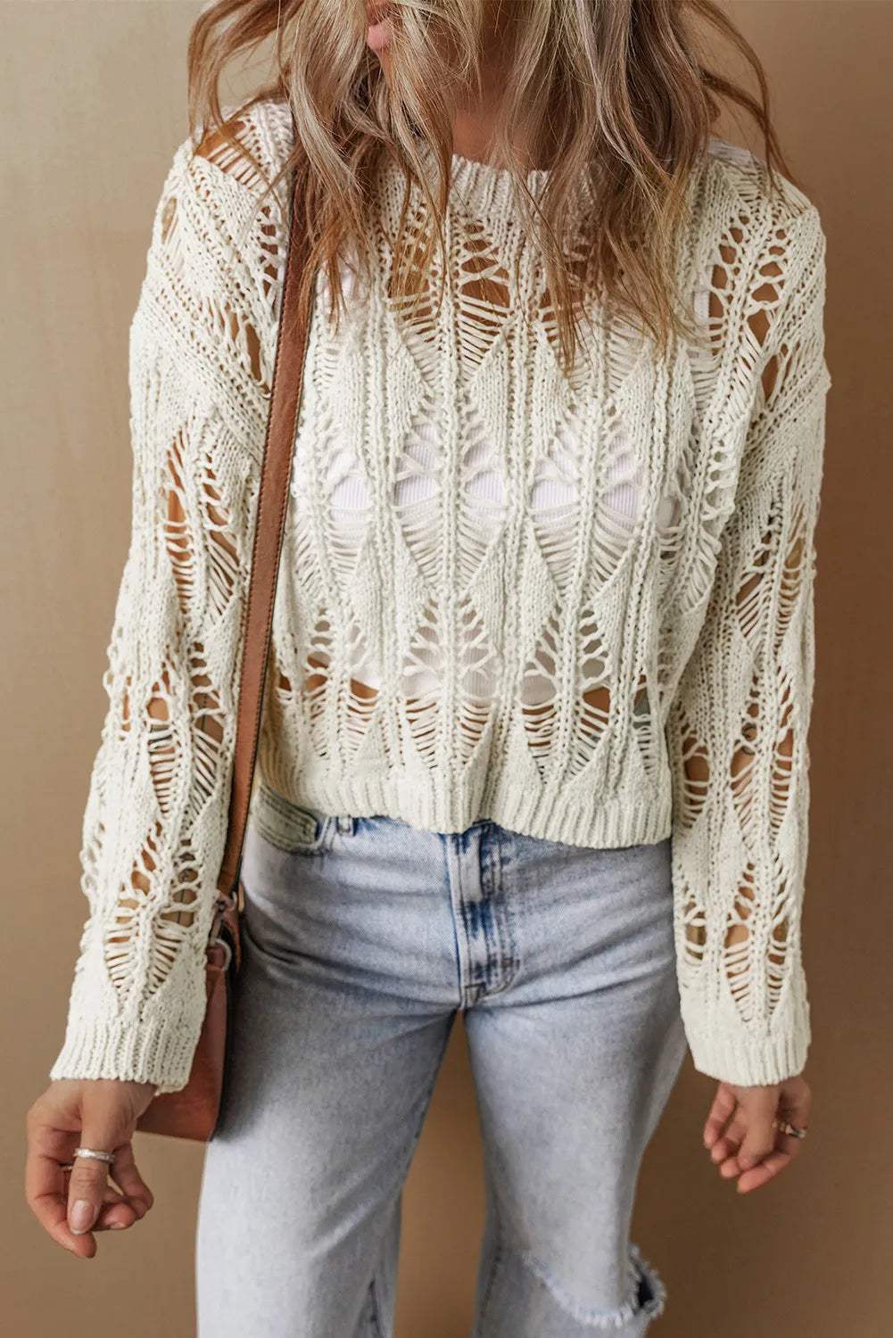 Cutout Round Neck Long Sleeve Knit Cover Up - Trendsi - Flyclothing LLC