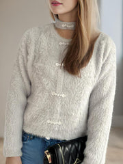 Cutout Knot Button Long Sleeve Cardigan - Trendsi