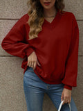 V-Neck Long Sleeve Dropped Shoulder Sweatshirt - Trendsi - Flyclothing LLC