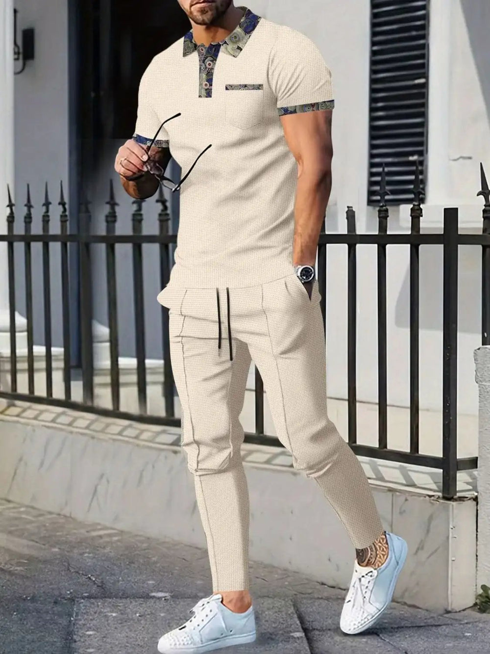 Men's Full Size Waffle Knit Short Sleeve Polo and Pants Set Plus Size - Trendsi