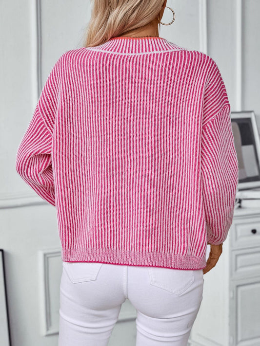 Striped V-Neck Long Sleeve Sweater - Trendsi