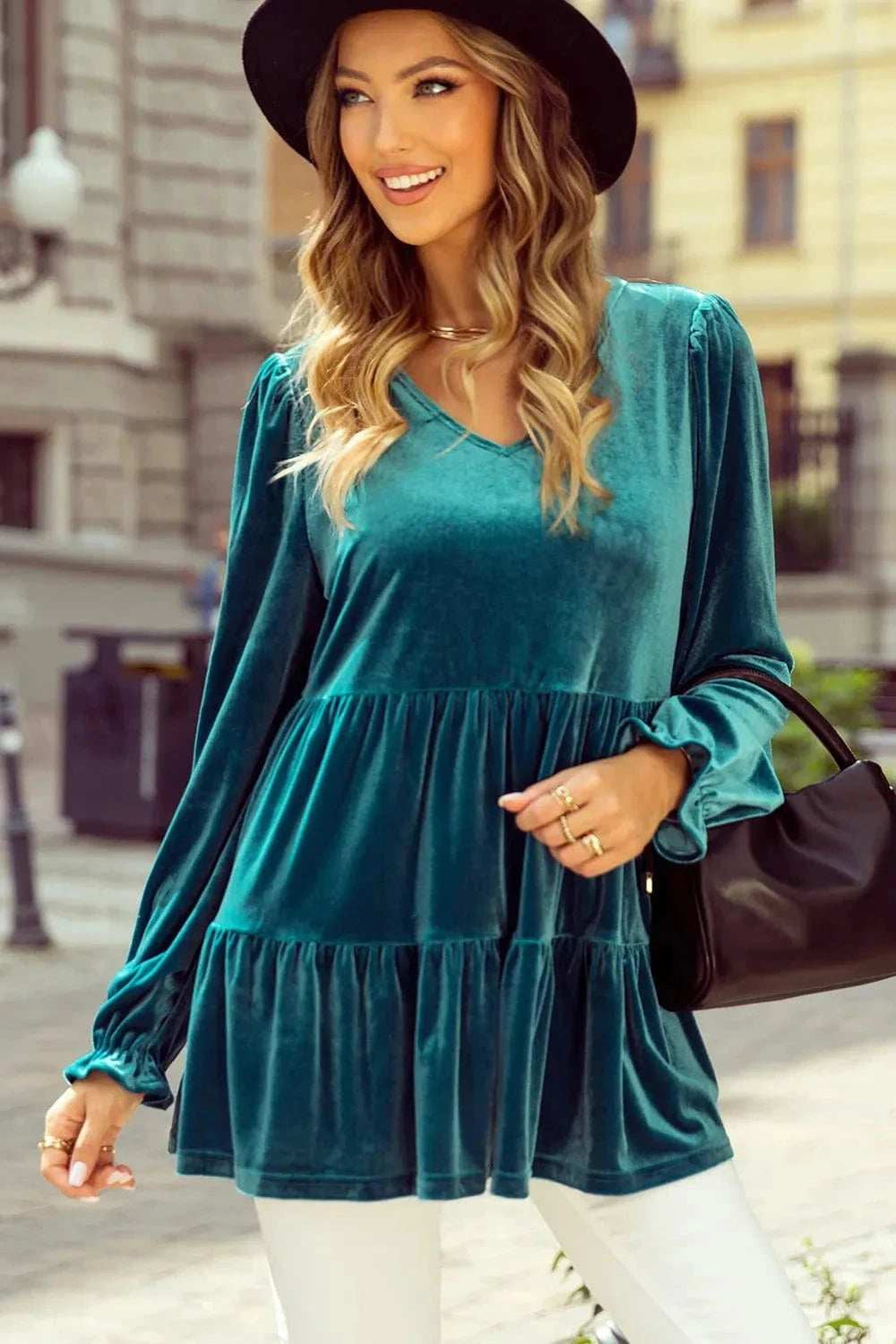 Peplum V-Neck Flounce Sleeve Blouse - Trendsi - Flyclothing LLC