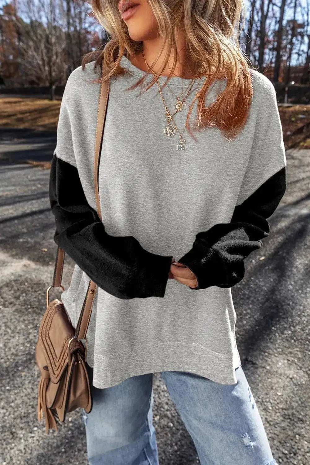 Contrast Round Neck Long Sleeve Sweatshirt - Trendsi - Flyclothing LLC