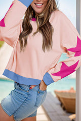 Star Contrast Round Neck Long Sleeve Sweatshirt - Trendsi - Flyclothing LLC