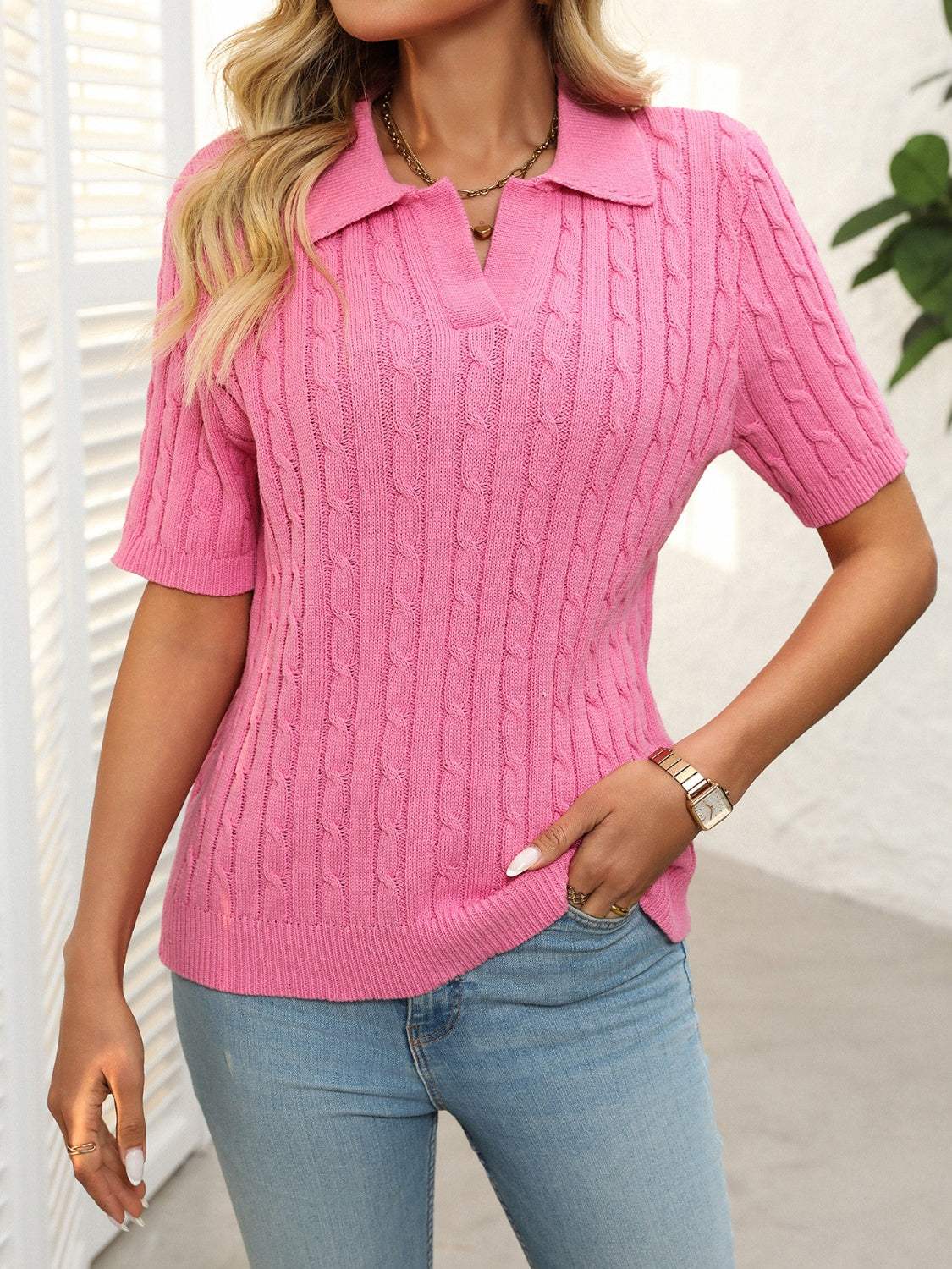 Mandy Cable Knit Johnny Collar Half Sleeve Sweater - Trendsi - Flyclothing LLC