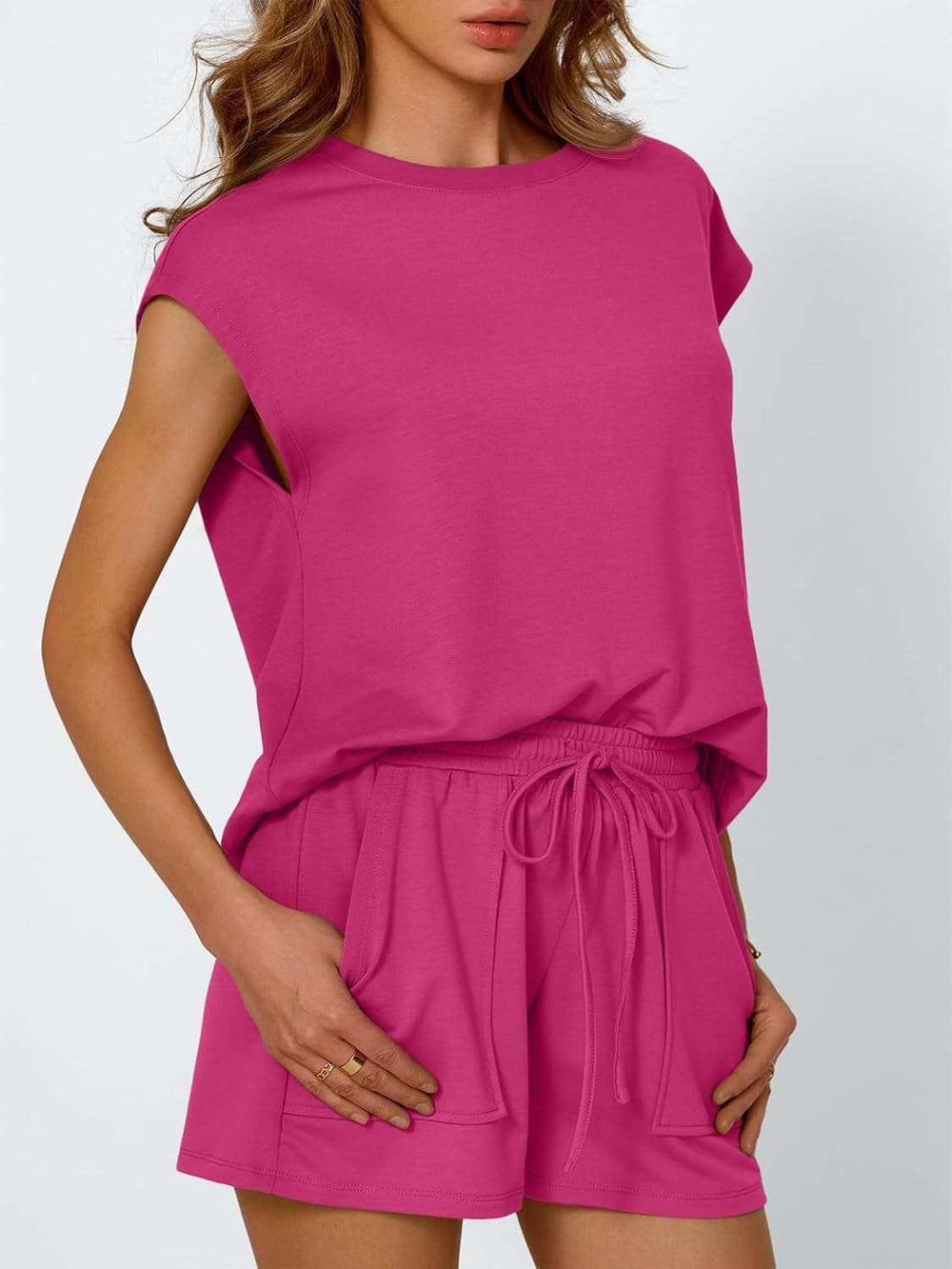 Round Neck Cap Sleeve Top and Shorts Set - Trendsi - Flyclothing LLC