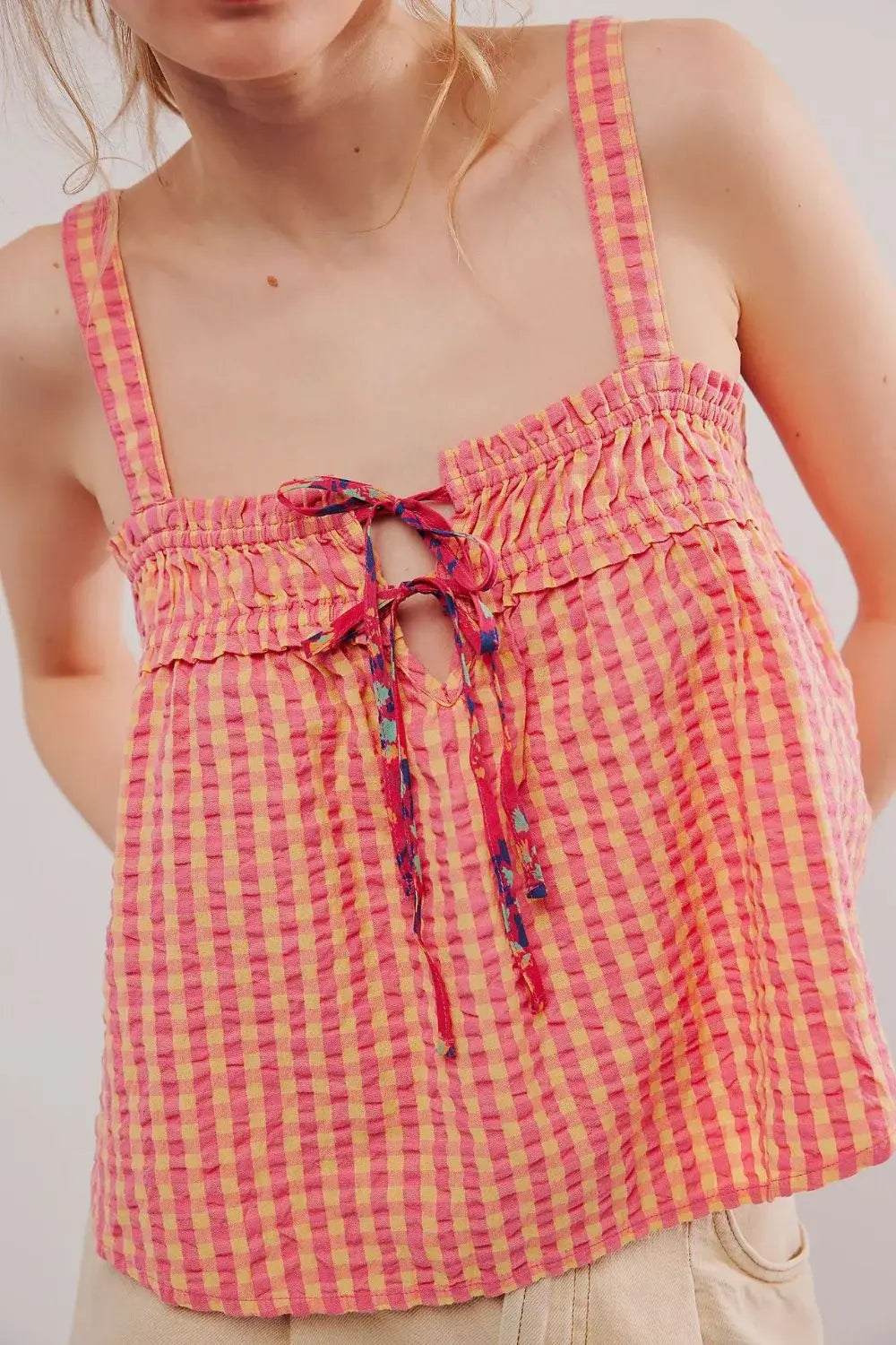 Tied Front Textured Square Neck Cami - Trendsi - Flyclothing LLC