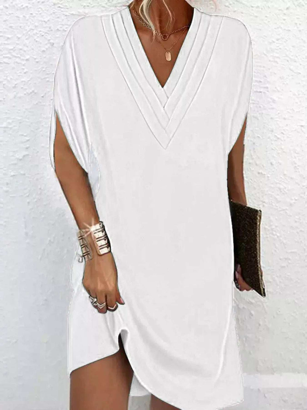 Full Size V-Neck Slit Sleeve Mini Dress Plus Size - Trendsi - Flyclothing LLC