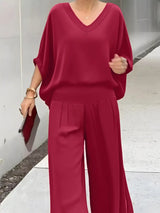 V-Neck Top and Wide Leg Pants Two-Piece Set - Trendsi - Flyclothing LLC