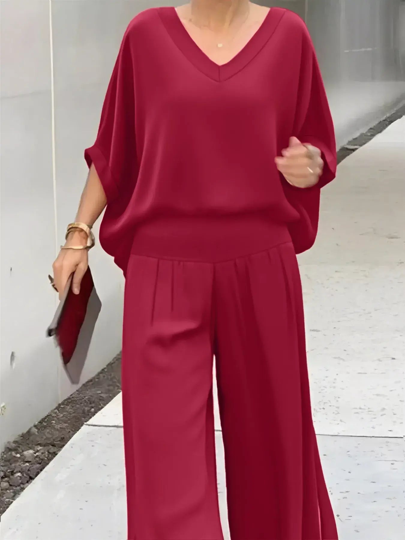 V-Neck Top and Wide Leg Pants Two-Piece Set - Trendsi - Flyclothing LLC